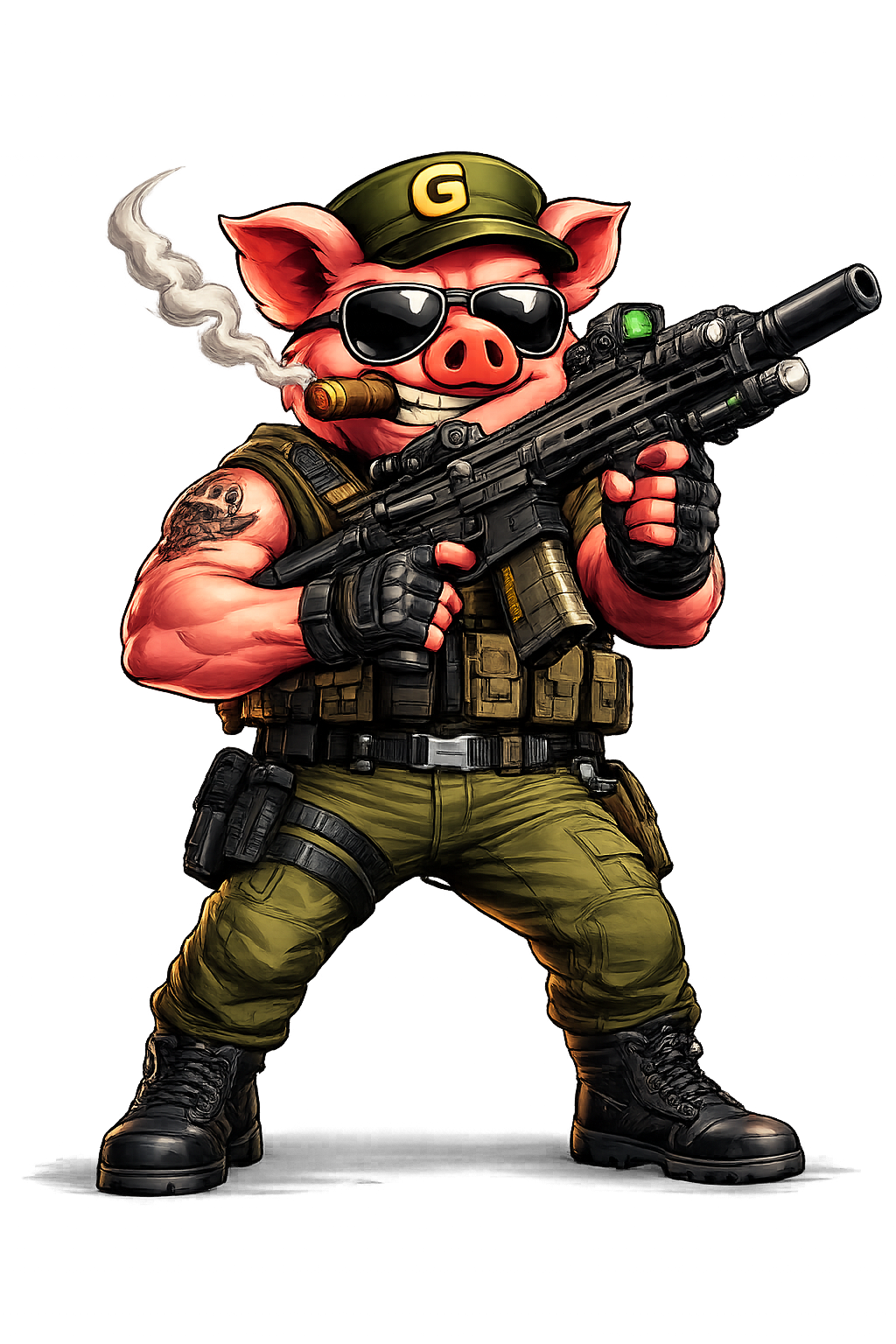 General GunoPig kneeling with a tactical rifle in ready position